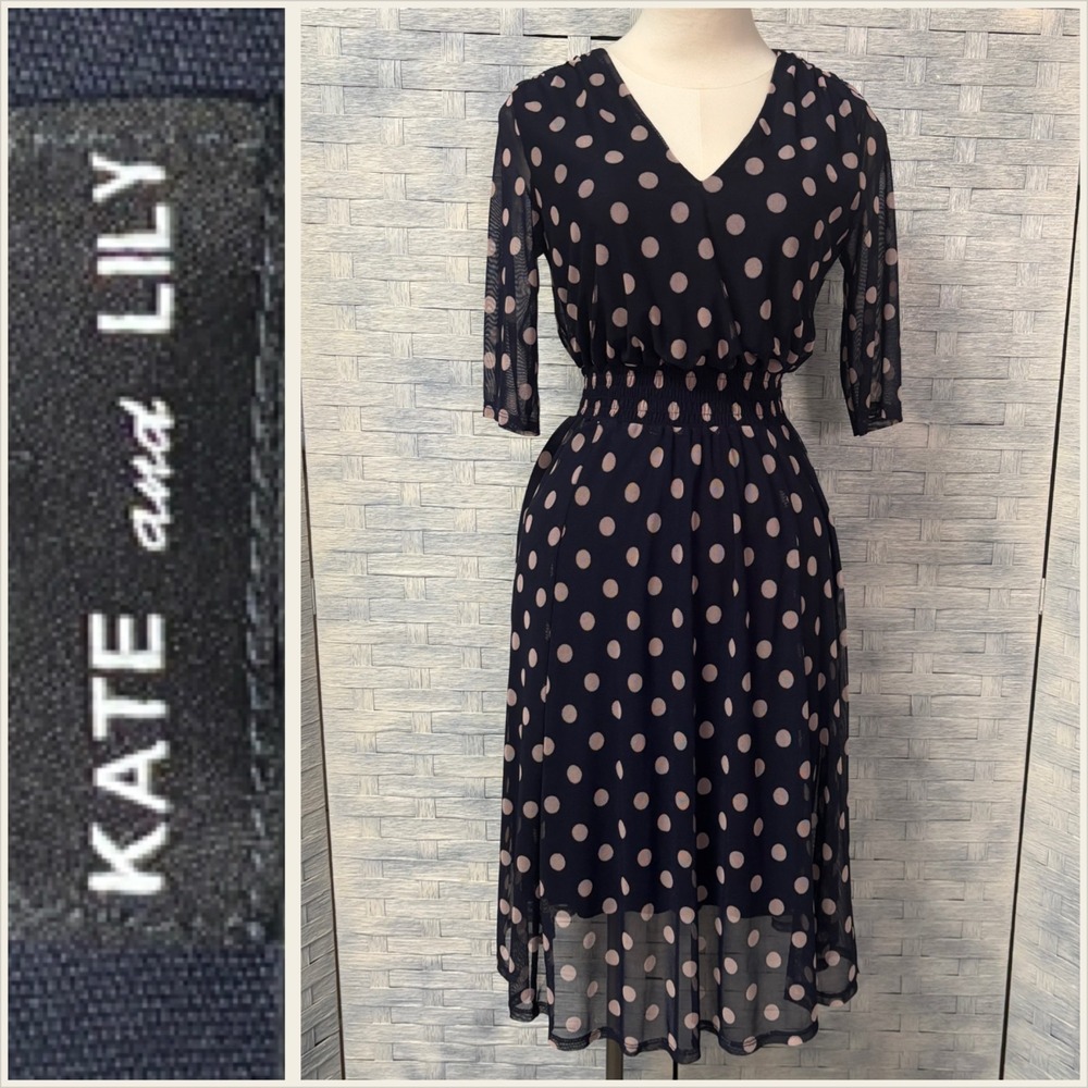KATE and LILY Sz 8 Navy Polka Dot Mesh Midi Dress Elastic Waist 3/4‎ Sleeve
